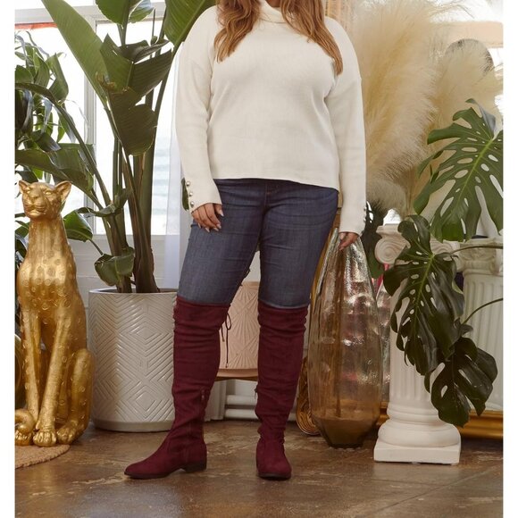 Women's Burgundy Rounded Toe Stretchy Over The Knee Low Heel Wide Calf Boots - Picture 2 of 6